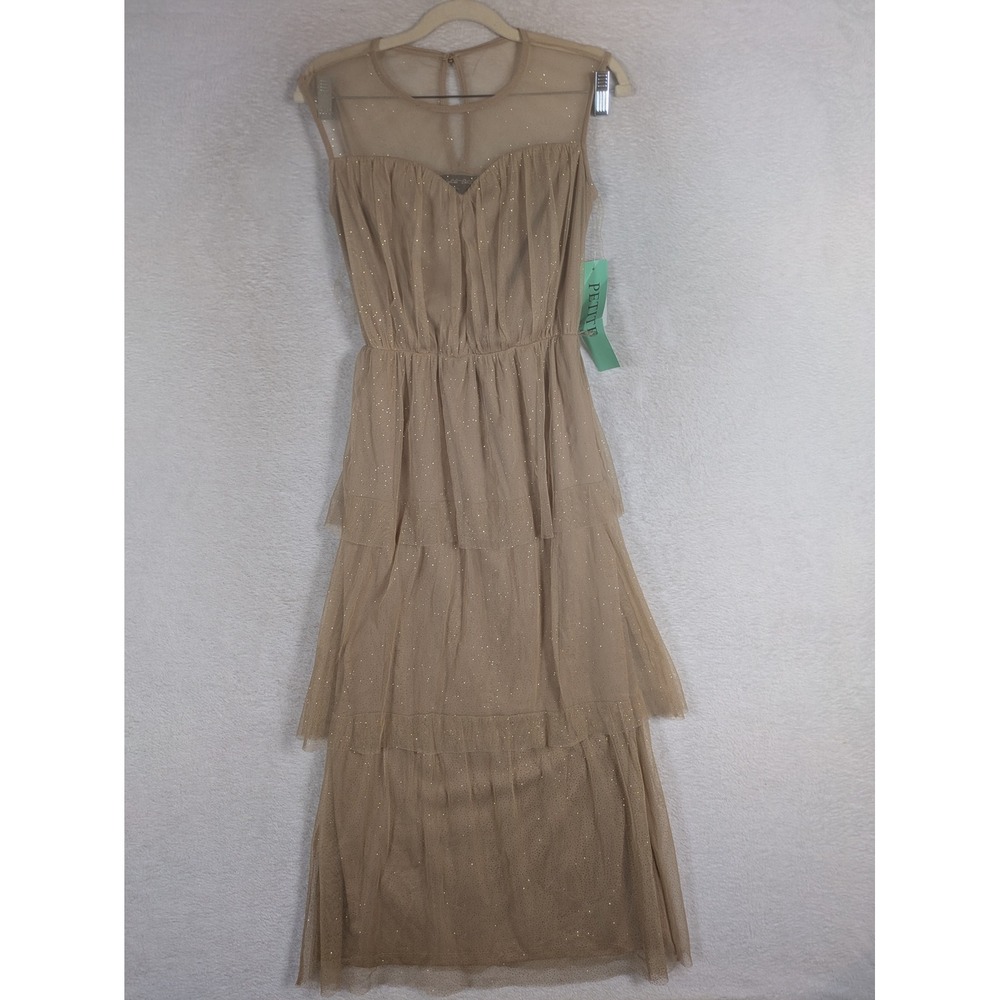 NEW Candelite Petite Dress Women's PS Tan Metallic Glitter Tiered Sheer Maxi